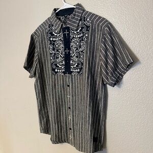 CPPR black and white striped button up shirt with skull design. Y2K